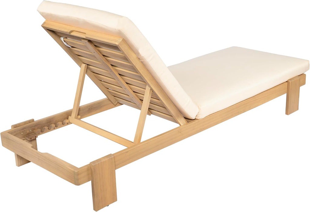 Acacia Wood Chaise Lounge Chair Outdoor, Patio Outdoor Chaise Lounge with Cushions, Adjustable Backrest Single