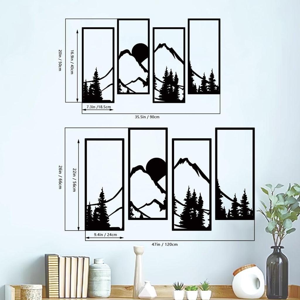 4 Pcs Black Metal Wall Art Sunset Mountain Forest Wall Decor22x9.4In