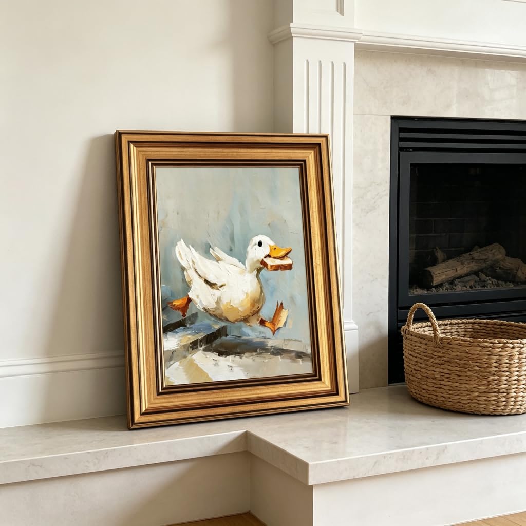 Gold Framed Duck Canvas Wall Art Fun Silly Goose Painting Decor Pictures Farmhouse Animal White Duck Posters Prints