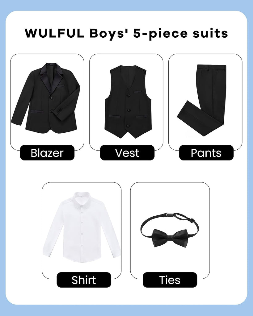 Boys Suits Piece Tuxedo Suit Set: Jacket, Pants, Shirt, Vest & Bow Tie for Kids Wedding Ring Bearer Party