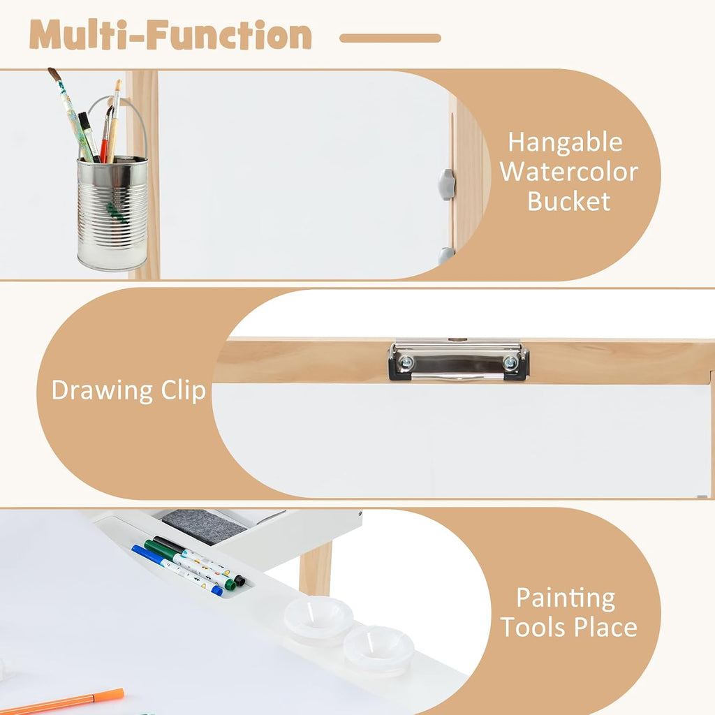 3 in 1 Kids Art Table and Chair Set, Toddler Craft and Play Wood Activity Desk with Double-Sided Easel Blackboard