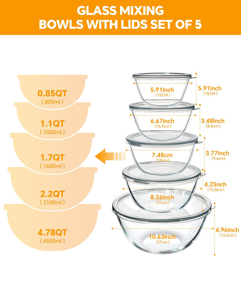 Glass Mixing Bowls with Lids Set of 5(4.78QT,2.2QT,1.7QT,1.1QT,0.85QT),Thick Glass Nesting Bowls Baking,Cooking