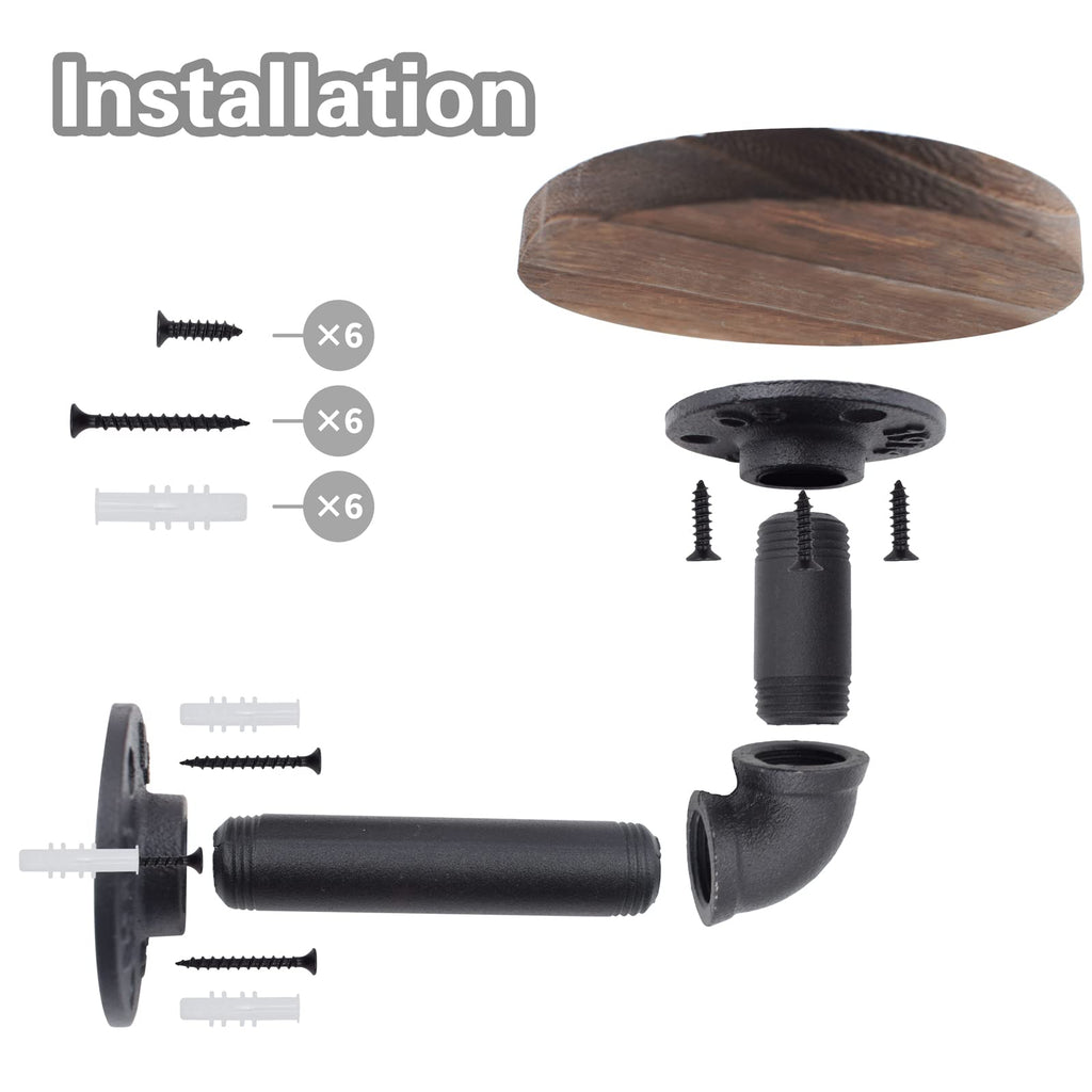 5.9inch Wall Mounted Floating Shelves Round Display Rack with Metal Industrial Pipe Brackets, Rustic Wood Shelving