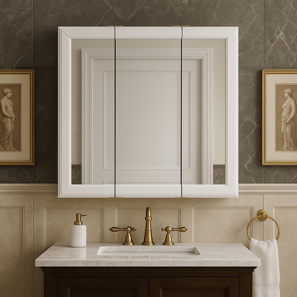 Wyndham Bathroom Medicine Cabinet with Mirror, 30 Inch Wall Mount Medicine Cabinet, 3 Mirrored Doors, Bathroom Wall