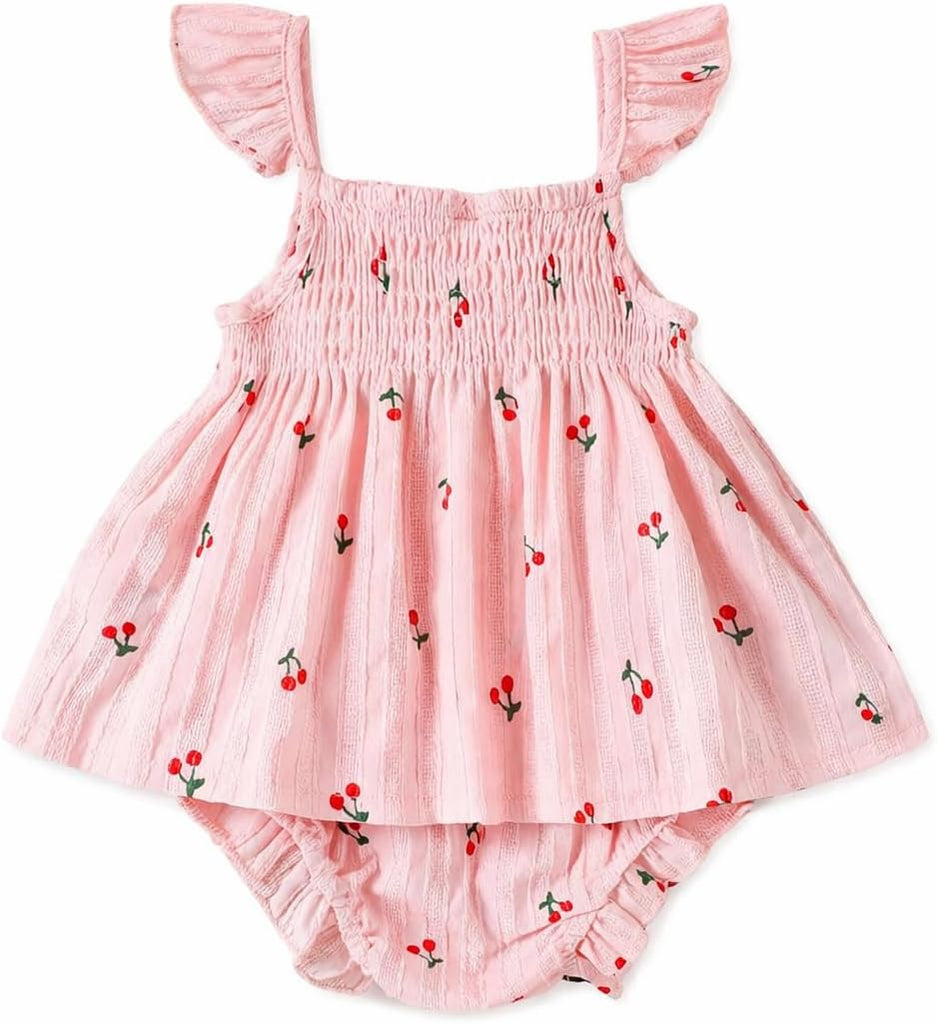Baby Girl Cherry Print Piece Outfit, 100% Cotton Smocked Sleeveless Dress & Ruffle Bloomer Shorts Clothing Set