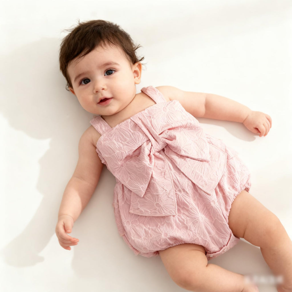 Baby Girls Sleeveless Bow Romper Bubble Smock Dress with Floral Texture for Parties Weddings Special Occasions