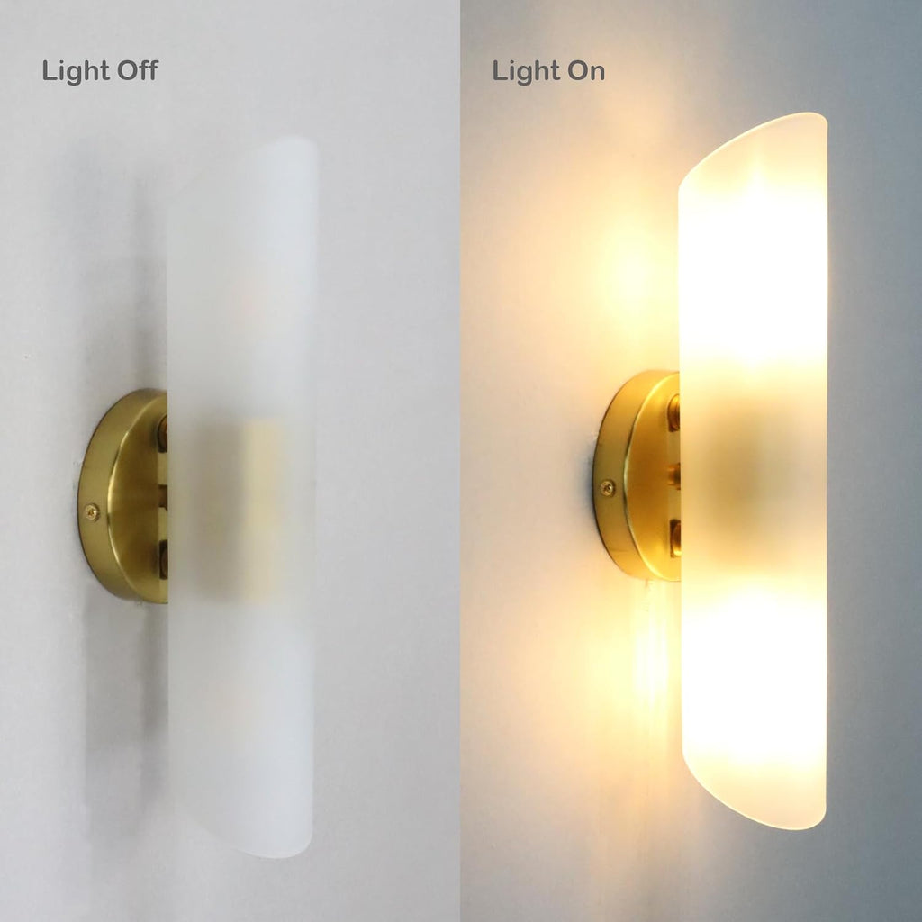 Modern Brass Wall Sconces Set of Two Frosted Glass Wall Light Fixture 2-Light Cylinder Bathroom Vanity Lights Gold
