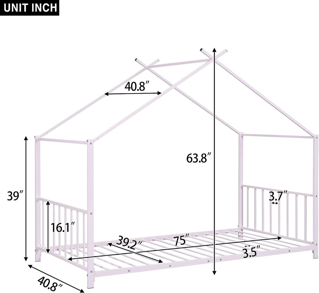 Kids Montessori Floor Bed, House Bed Frame with High Headboard, Floor Bed with Roof for Boys Girls, Floor Bed