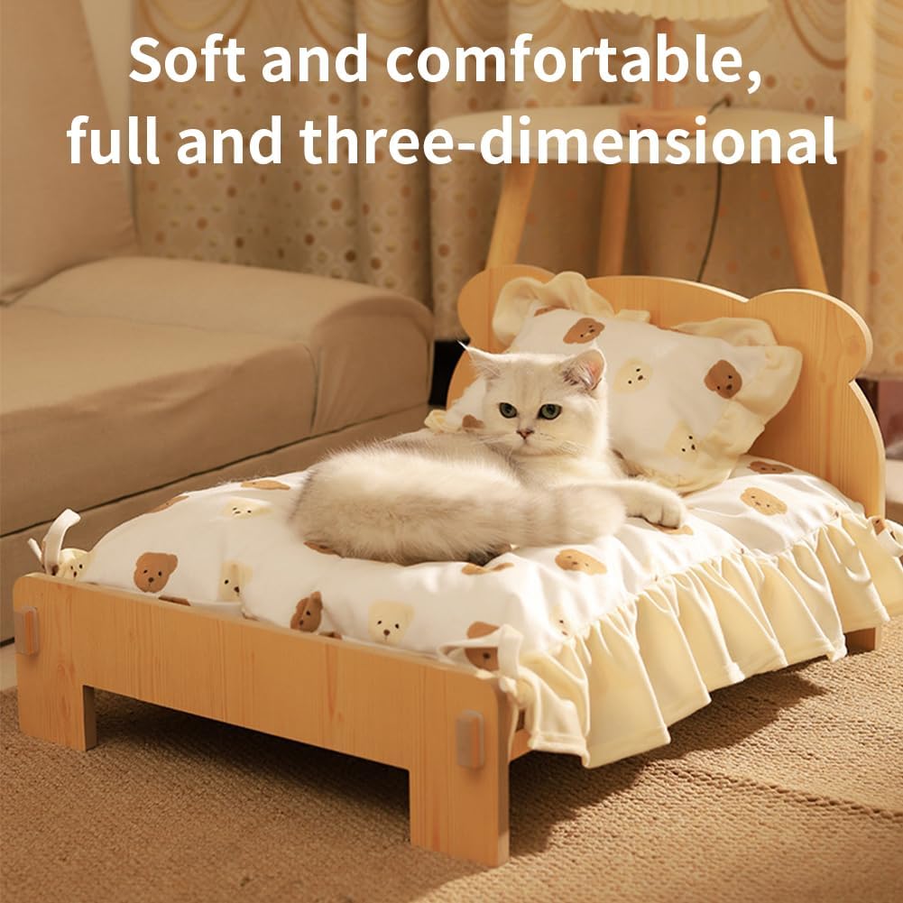 Wooden Bear-Shaped Cat Bed for Indoor Cats & Small Dogs - Removable Washable Elevated Pet Sofa with Frame, Princess