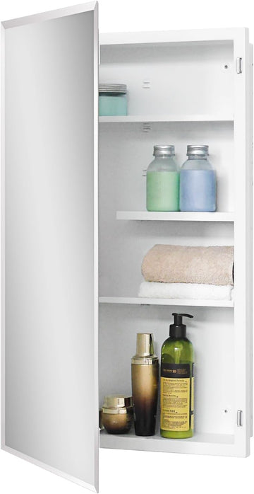 White Metal Medicine Cabinet, 18 x 30 Beveled Mirror, Surface Mount Storage | 18 x 30 Mirrored Medicine Cabinet with