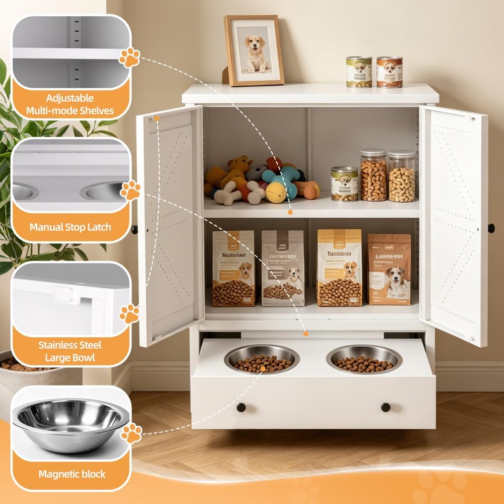 Dog Feeding Station with Storage Cabinet, Metal Pet Feeding Station with Storage, Dog Food Storage Cabinet with 2