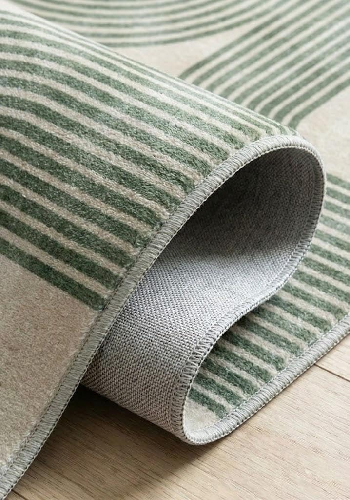 5x7 Area Rug, Green and Beige Modern Geometric Arch Stripe Rug, Machine Washable Non-Slip Low Pile Faux Cashmere