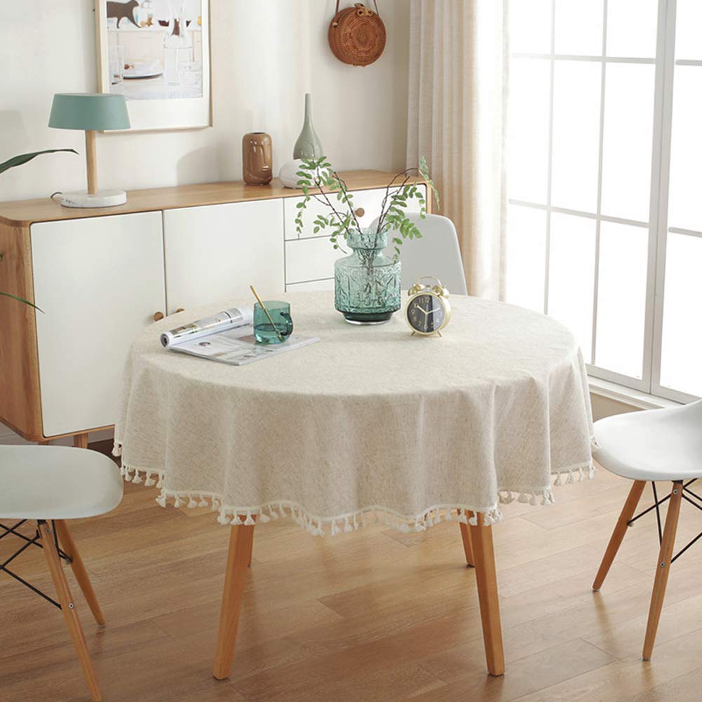 Cotton Linen Fabric Tassel Round Tablecloth Dust-Proof Table Cover Dinning Tabletop Home Decoration (60 Inch, Linen)