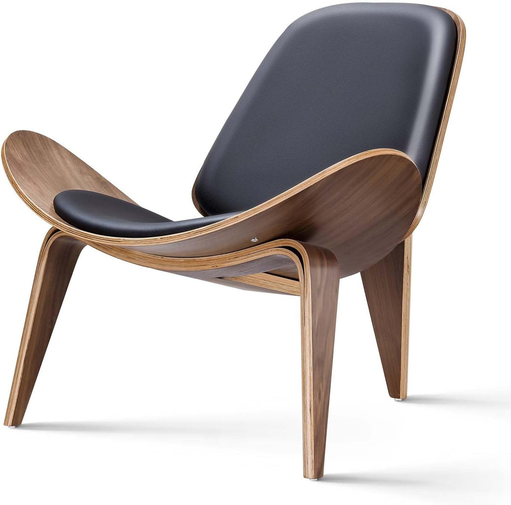 Mid Century Modern Shell Lounge Chair, PU Leather, Tripod Plywood Classic Design Solid Wood Accent Chairs , Reading