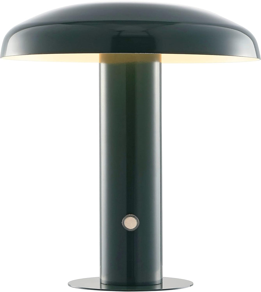 11" Forest Green Rechargeable LED Mushroom Table Lamp, Cordless Portable Dimmable Mid-Century Modern