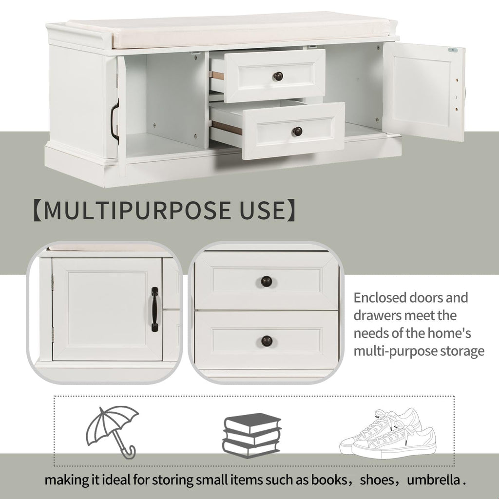 Rustic Storage Bench with 4 Doors 2 Draws Adjustable Shelves Removable Cushion Rectangular Cabinet Foot Rest Stool