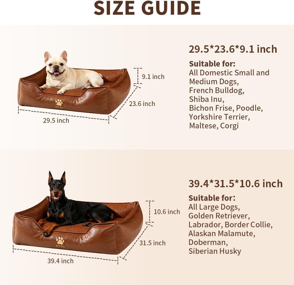 Waterproof Leather Dog Bed, Bolster Couch, 24x19x9 Brown