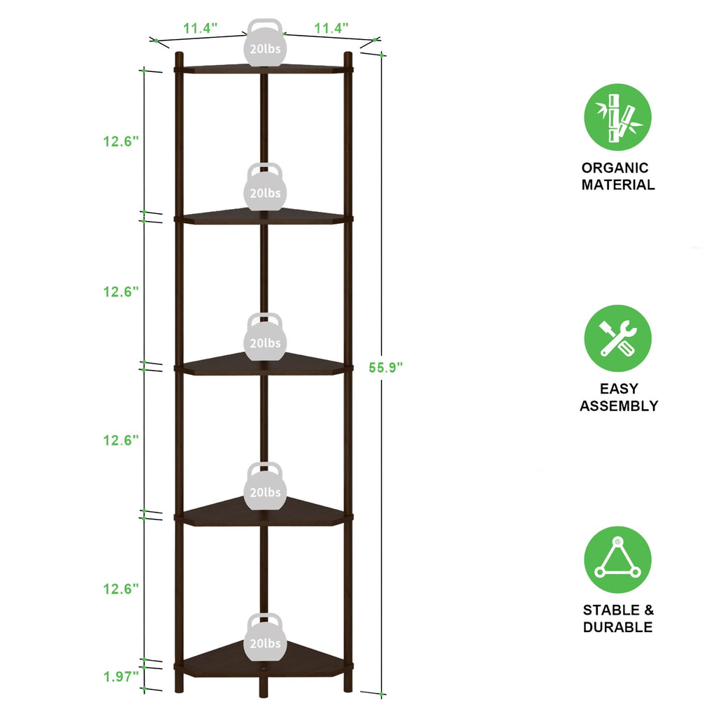 Brown Tall Corner Shelf Stand, 5-Tier Bamboo Corner Bookshelf