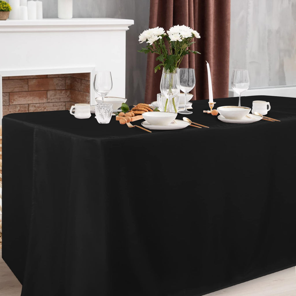 2 Pack Black Tablecloth Fitted Table Clothes for 8 Foot Rectangle Tables - Water Resistant Washable Fabric Polyester