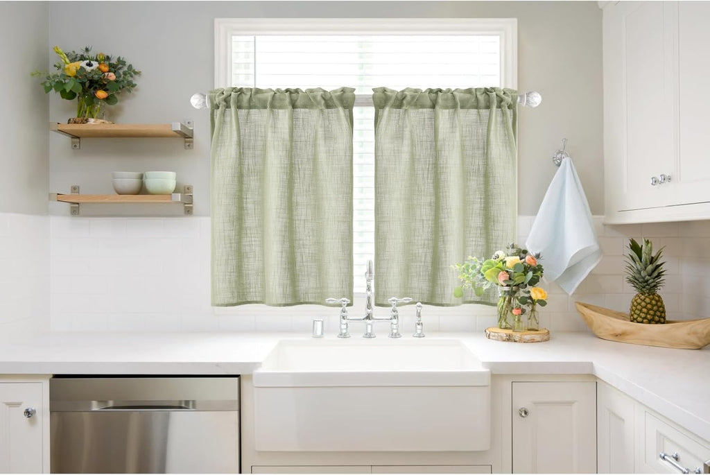 Spring Linen Textured Kitchen Window Curtains over Sink 24 Inch Length Semi Sheer Farmhouse Small Curtains for Cafe