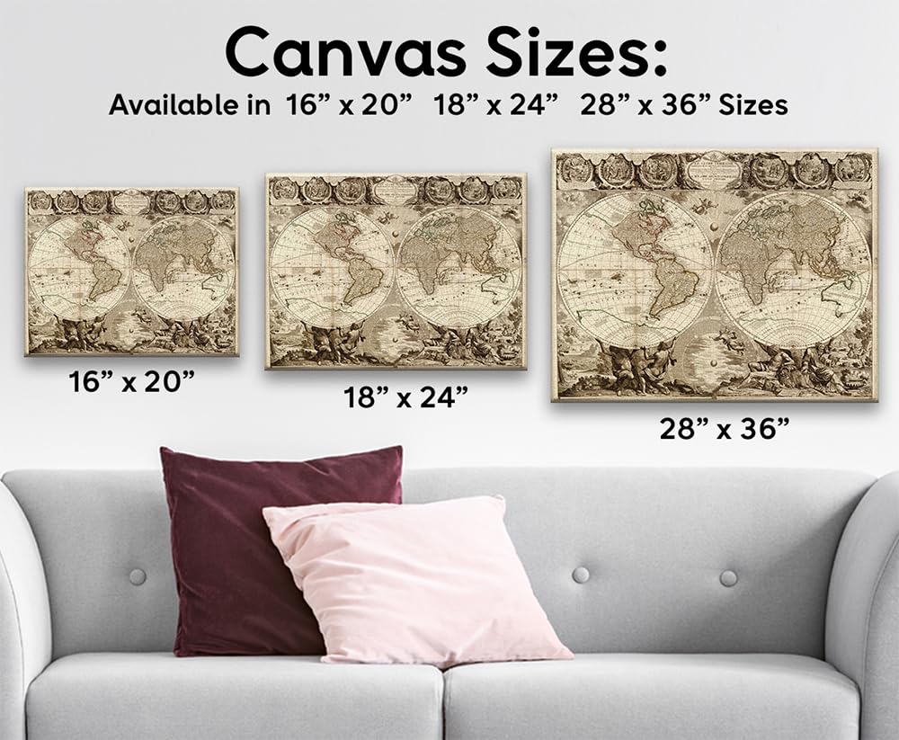 Le Globe Terrestre 28x36 Stretched Canvas Poster - Ready to Hang Vintage Double Hemisphere World Map Reproduction