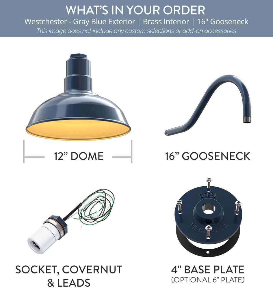 Dusk to Dawn | Westchester Barn Light | Outdoor Wall Mounted | 12 inch Dome | 16 inch Gooseneck| Warehouse Steel