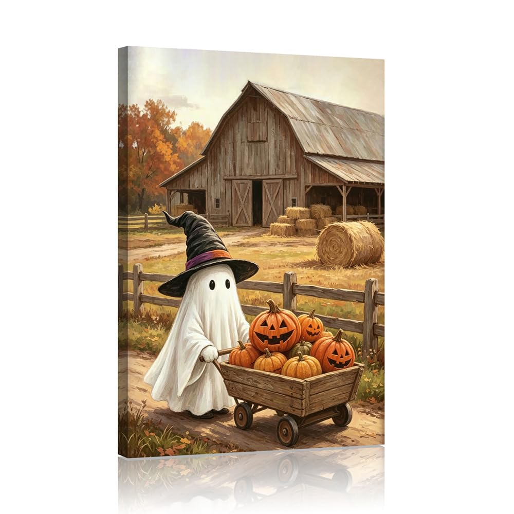 Autumn Halloween Wall Art - Cozy Ghost in a Sheet and Witch Hat Pushing a Wooden Wagon Full of Pumpkins - Rustic Barn