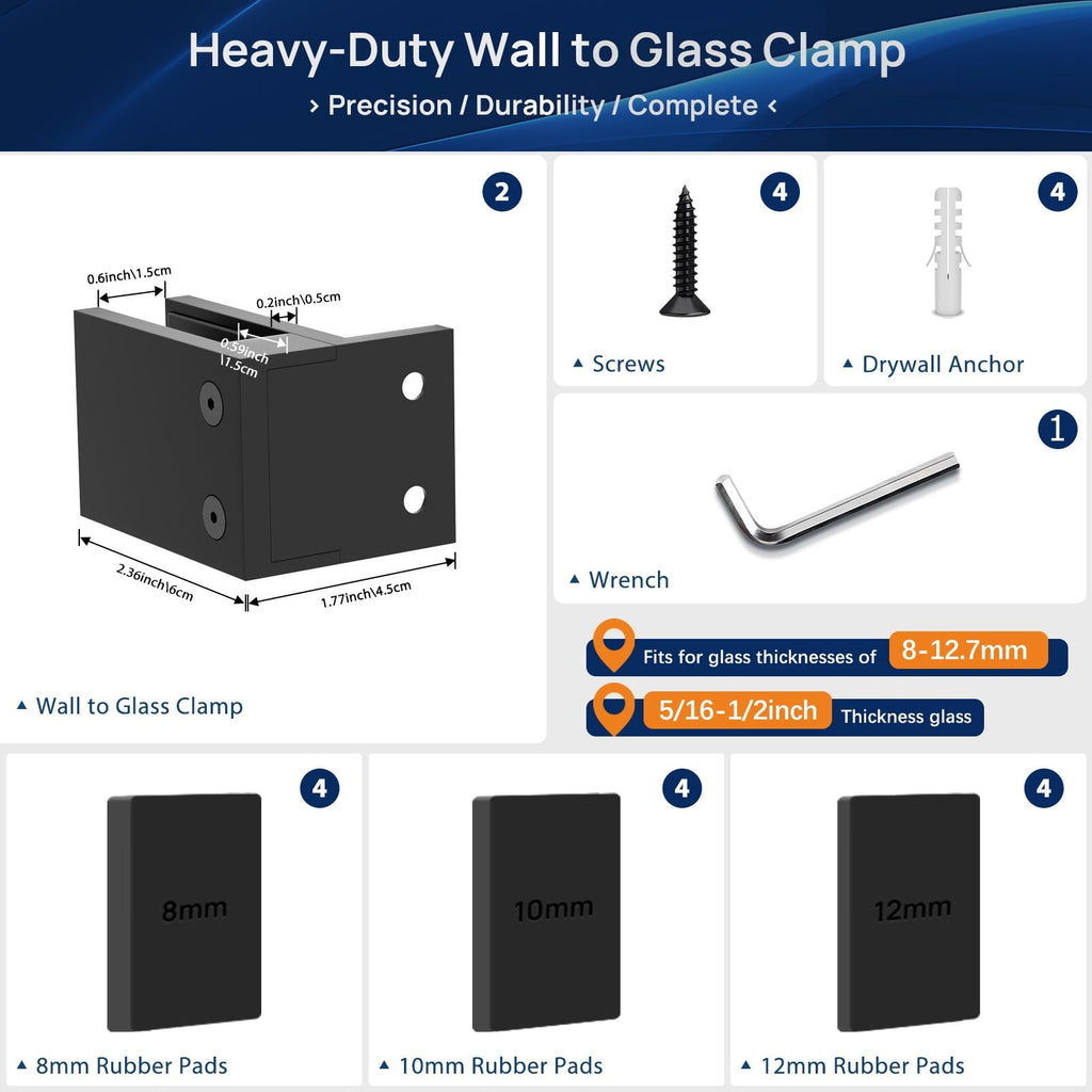 2 Pack Wall to Glass Clamp, F Shape Frameless Glass Railing Clamp