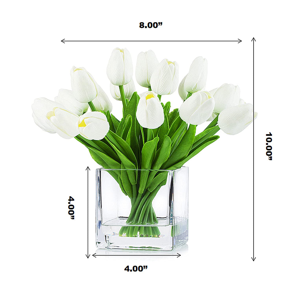 20 Pieces Artificial Real Touch Tulips Flower Arrangement in Cube Glass Vase with Faux Water Decoration (White)