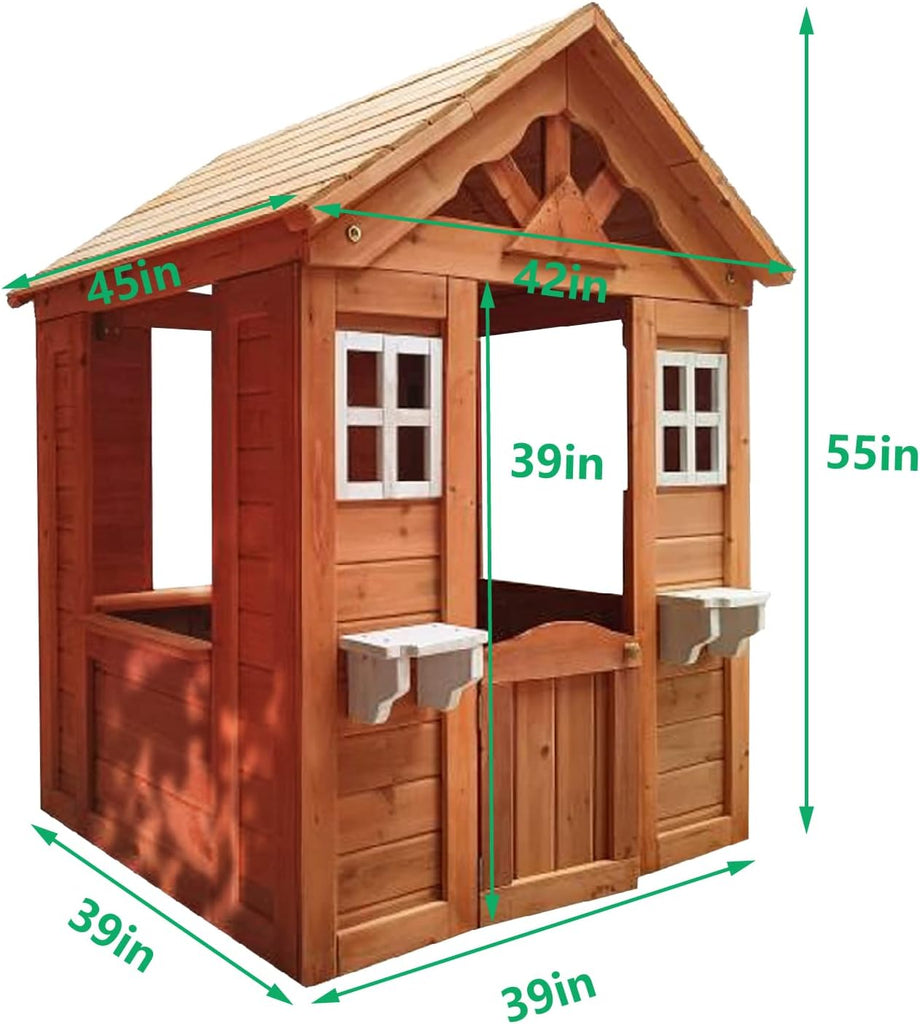 Kids Outdoor Playhouse with Door & 2 Windows - Wooden Backyard Play House for Ages 3-8 - 42"L x 46"W x 55"H - Easy