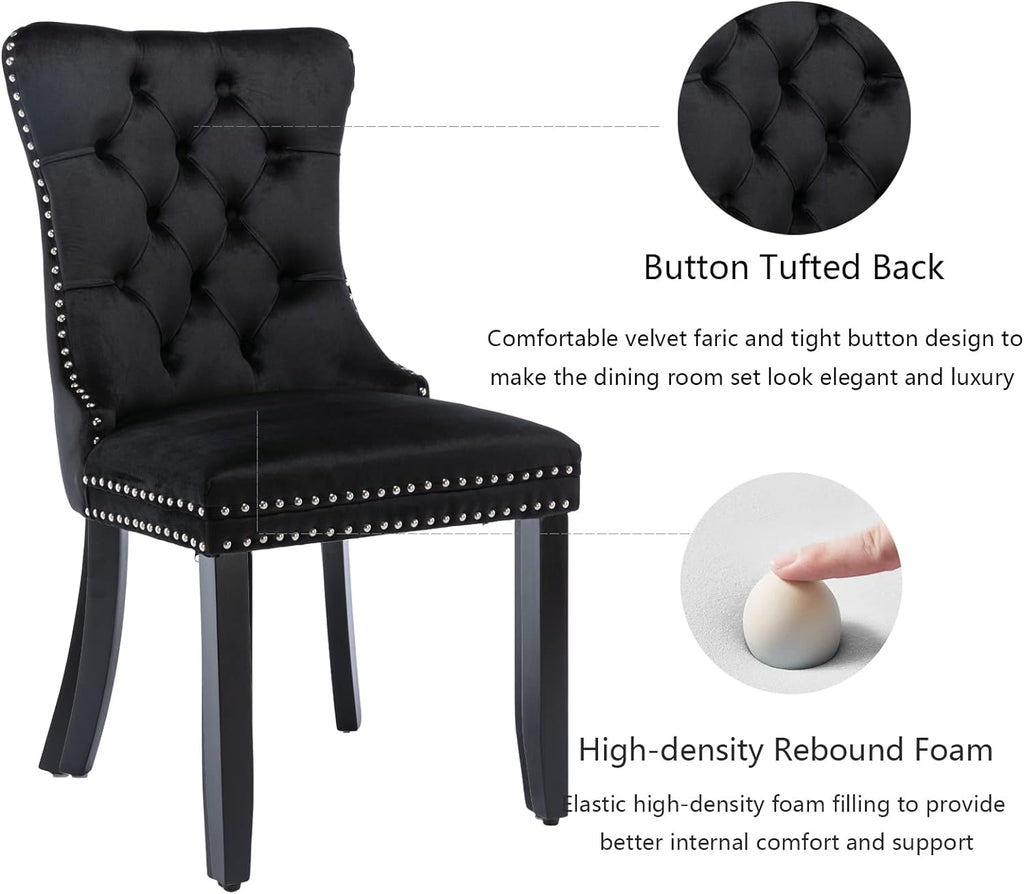 Black Velvet Dining Chairs Set of 4, Upholstered Dining Room Chairs with Back Ring Pull Trim and Solid Wood Legs