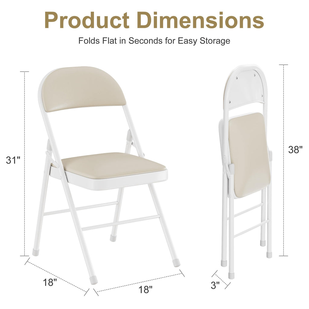 Folding Chairs Set of 2, Faux Leather Padded, Beige