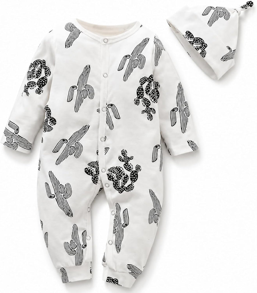 Newborn Baby Bodysuit Piece Set | Cactus Print Romper & Hat Outfit | Cotton Soft Unisex Jumpsuit (0-18 Months)
