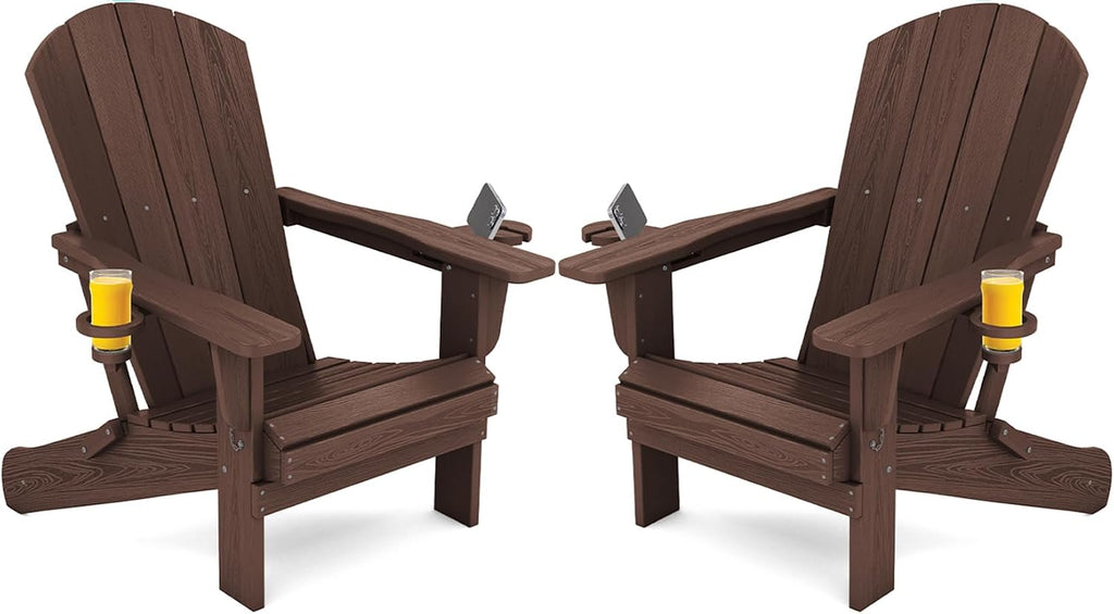 Outdoor Adirondack Chairs Set of 2 with Cup Holders,Foldable,Coffee | HDPE Composite,Waterproof,Wood Grain,Cup &