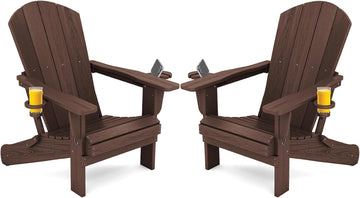 Outdoor Adirondack Chairs Set of 2 with Cup Holders,Foldable,Coffee | HDPE Composite,Waterproof,Wood Grain,Cup &