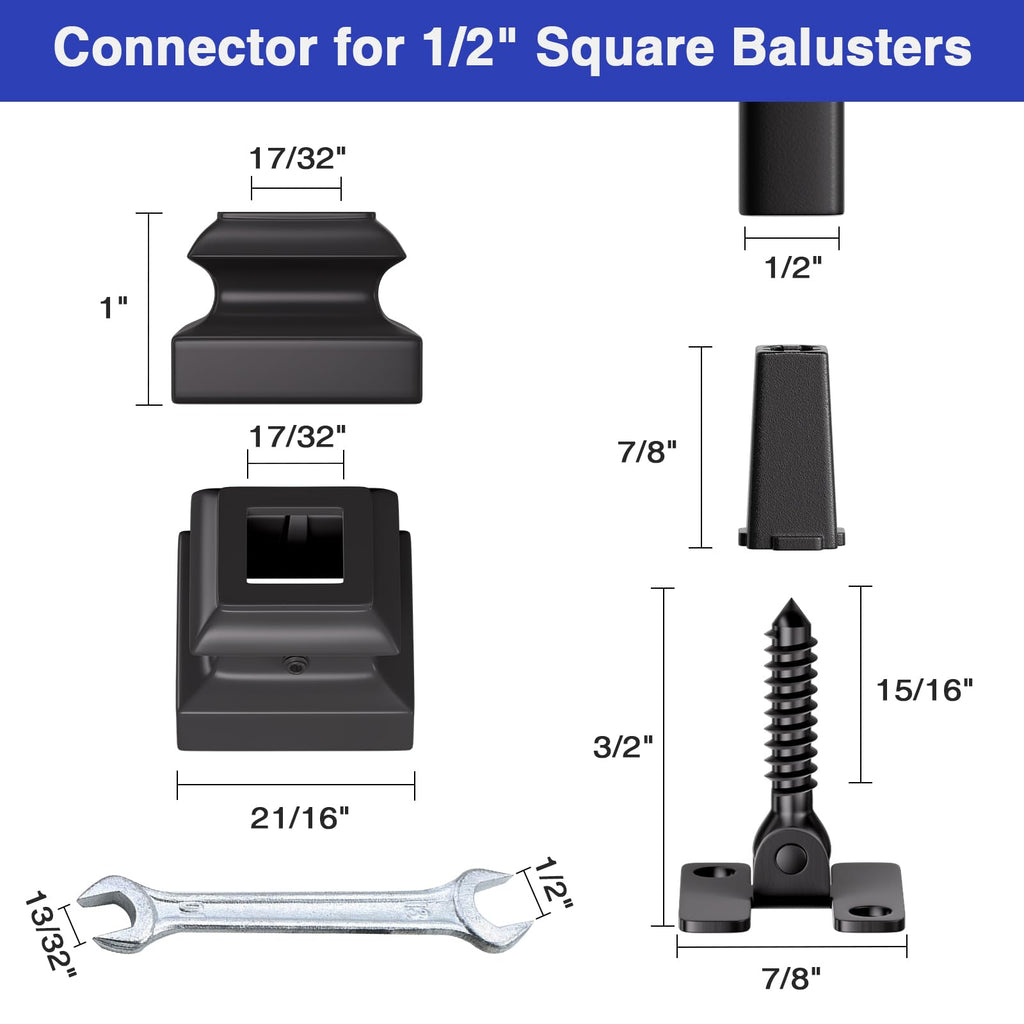 30-Pack Baluster Connectors with Flat Shoes Adjustable Height and Flat Connectors for 1/2'' Square Balusters for