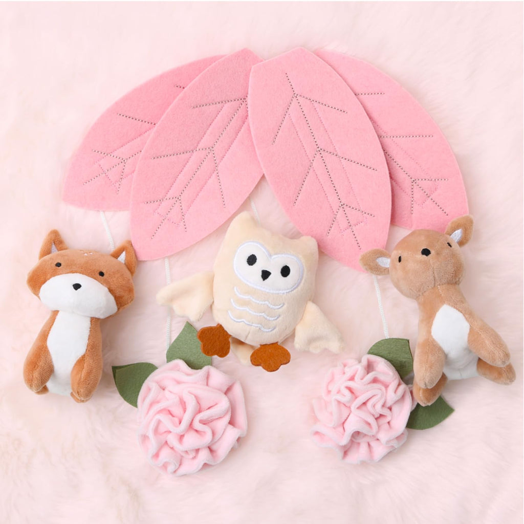 Crib Mobile for Girls - Pink and White Musical Baby Crib Mobile with 12 Lullabies, Forest Baby Little Forest Nursery