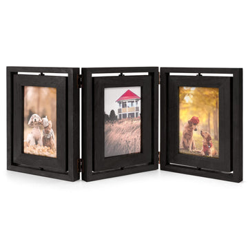 4x6 Picture Frame Rustic Wood Hinged Folding Triple Picture Frames Collage, Double-Sided Display Rotatable High
