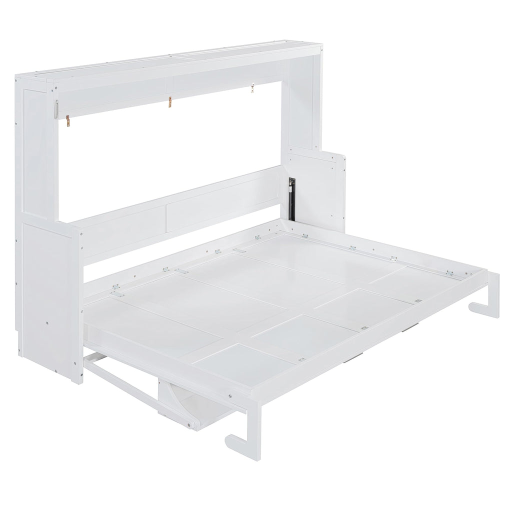 Queen Size Murphy Bed, Wood Murphy Wall Bed with Hydraulic Lift & Desk Design, White