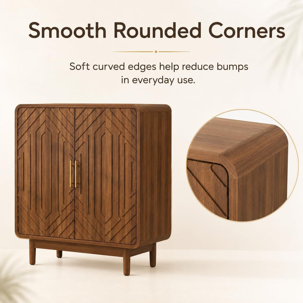 31.5" Walnut Credenza Sideboard Buffet Cabinet, 2 Doors, Kitchen | Carved panels, Gold pulls, Arched Doors, raised