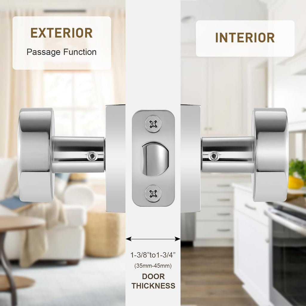 Polished Chrome Passage Door Knobs Interior, Heavy Duty Square Door Knobs Modern Door Handle for Hall Closet