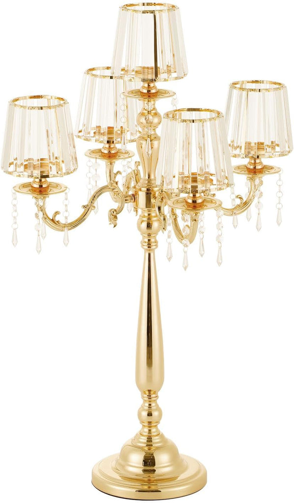 5 Arms Crystal Candelabra Centerpieces for Tables, Gold Floor Candle Holder with Glass Shade Pendants, 33 inch Tall