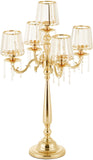 5 Arms Crystal Candelabra Centerpieces for Tables, Gold Floor Candle Holder with Glass Shade Pendants, 33 inch Tall