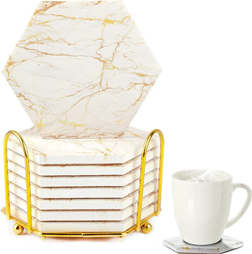 Marble Coasters for Drinks - Absorbent Set with Metal Holder, Gold Cup Coasters for Coffee Table, Rustic Home - Set of 8