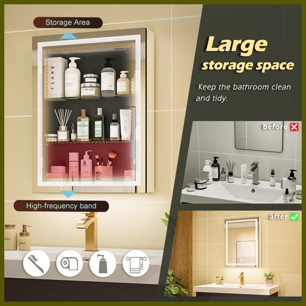 20 * 28 Right Hinge LED Bathroom Mirror Cabinet, Aluminum Medicine Cabinet | Light Adjustable, Sockets & USBs inside