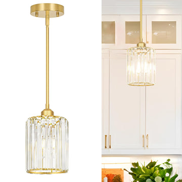 Brushed Gold Kitchen Pendant Lights Over Island with Adjustable Rods - Crystal Pendant Lighting Fixtures for Sloped