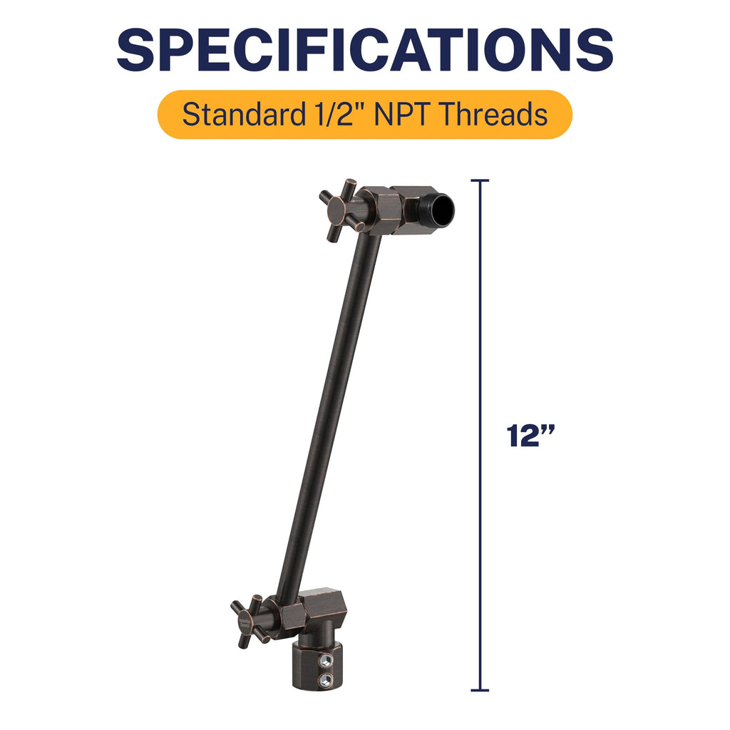 Metal Adjustable Shower Head Extension Arm, 12 Inch Reach
