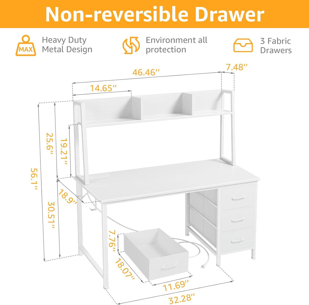 White Computer Desk with Hutch & Drawers - Office Desk with 3 Storage Drawers and Power Outlets