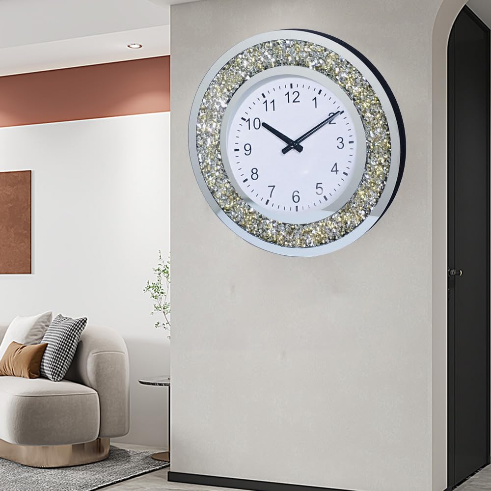 Golden Round Mirror Clock Crystal Sparkle Twinkle Bling Crush Diamond Mirrored Large Wall Clock for Wall Decoration