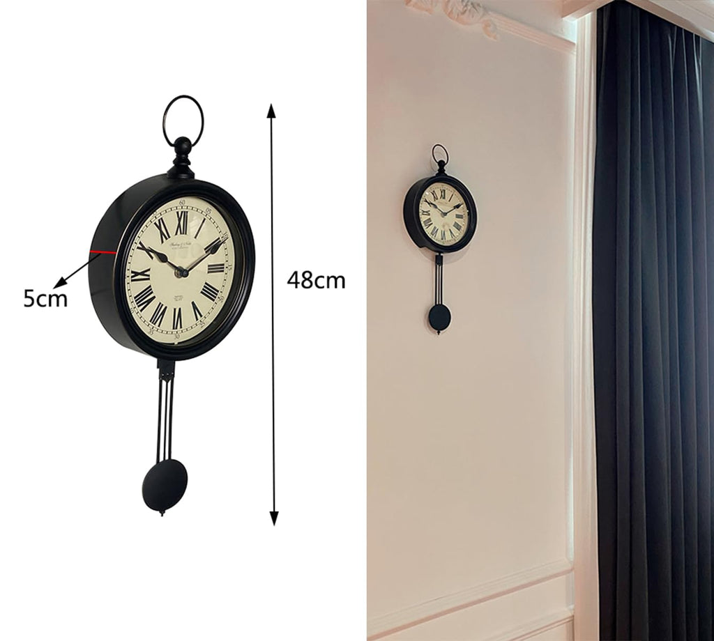 Vintage Wall Clock 8 inch Round, Black Wall Clocks with Pendulum Battery Operated, Kichen, Bathroom, Home Office Wall